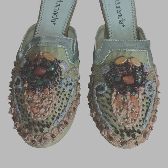 Amanda Moroccan Lights Green Beaded Mule Slides Embellished Satin Boho Size 9M - Picture 1 of 6